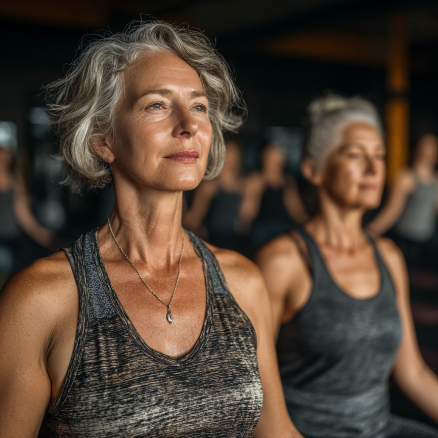 Seniori practicând yoga în natură